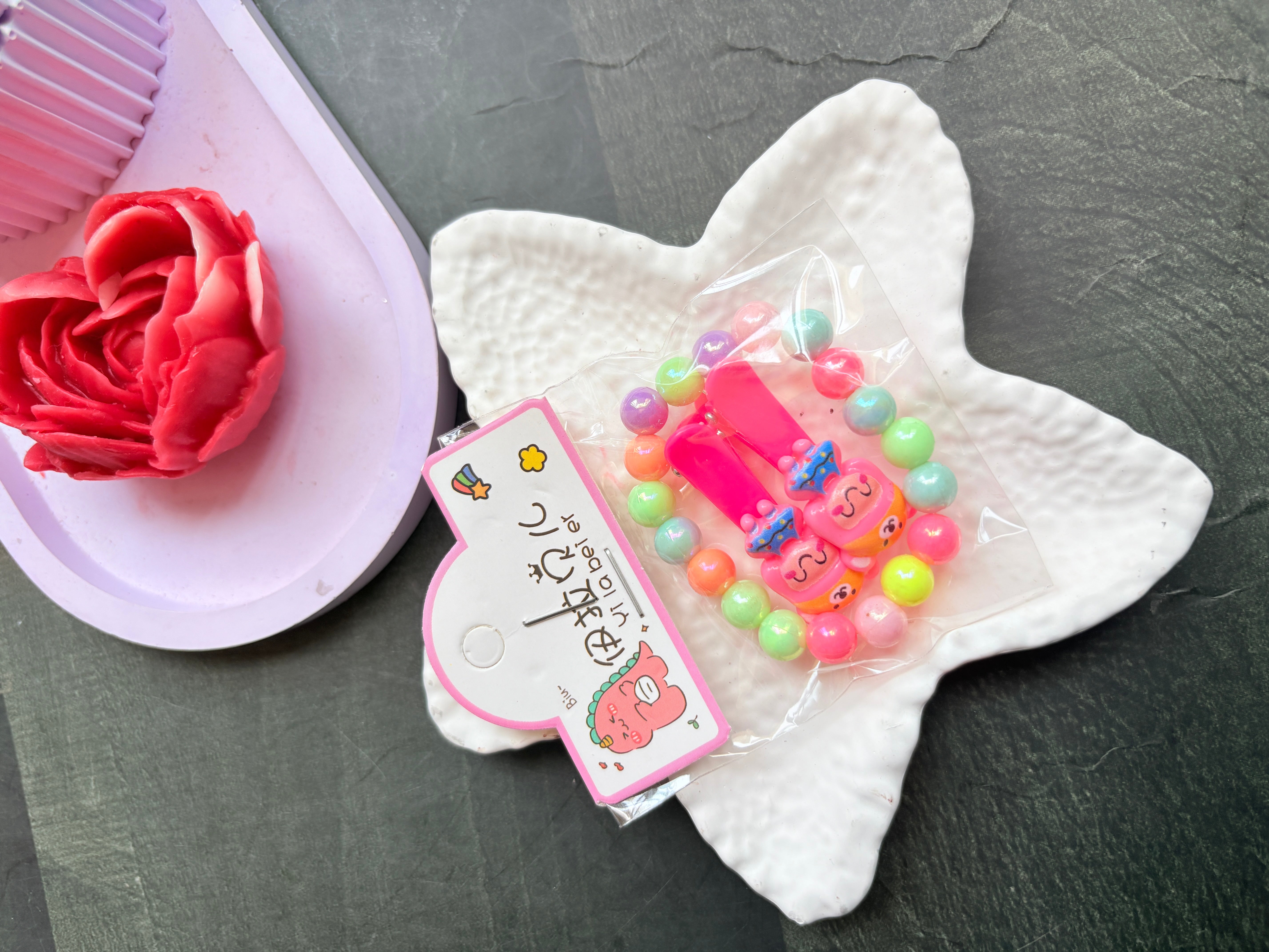 Beads Bracelet & Hairclip Set Pink