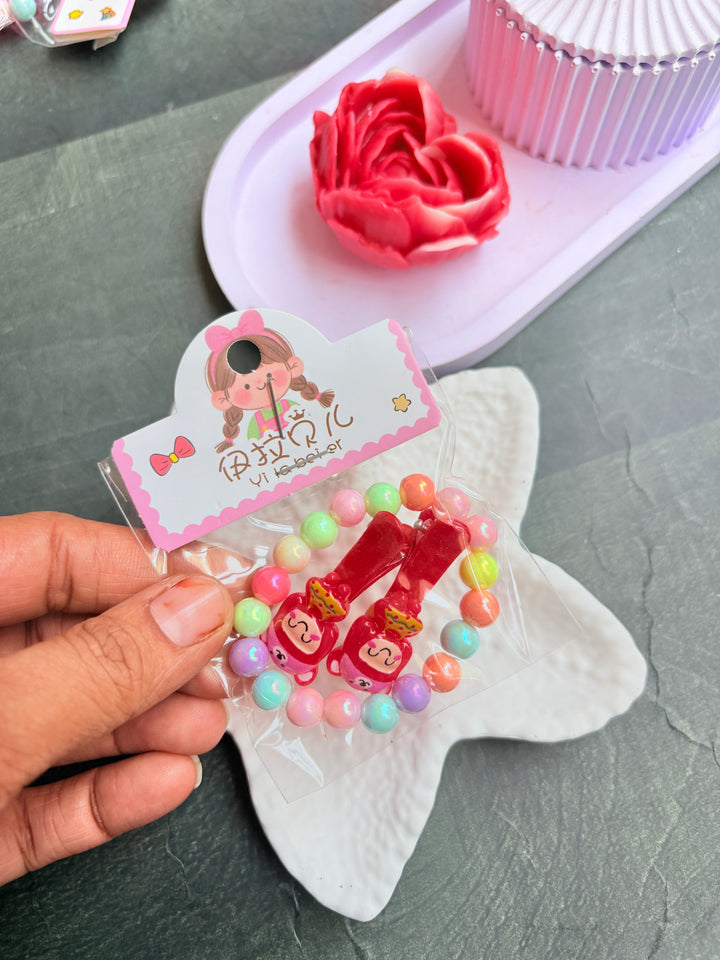 Beads Bracelet & Hairclip Set Red