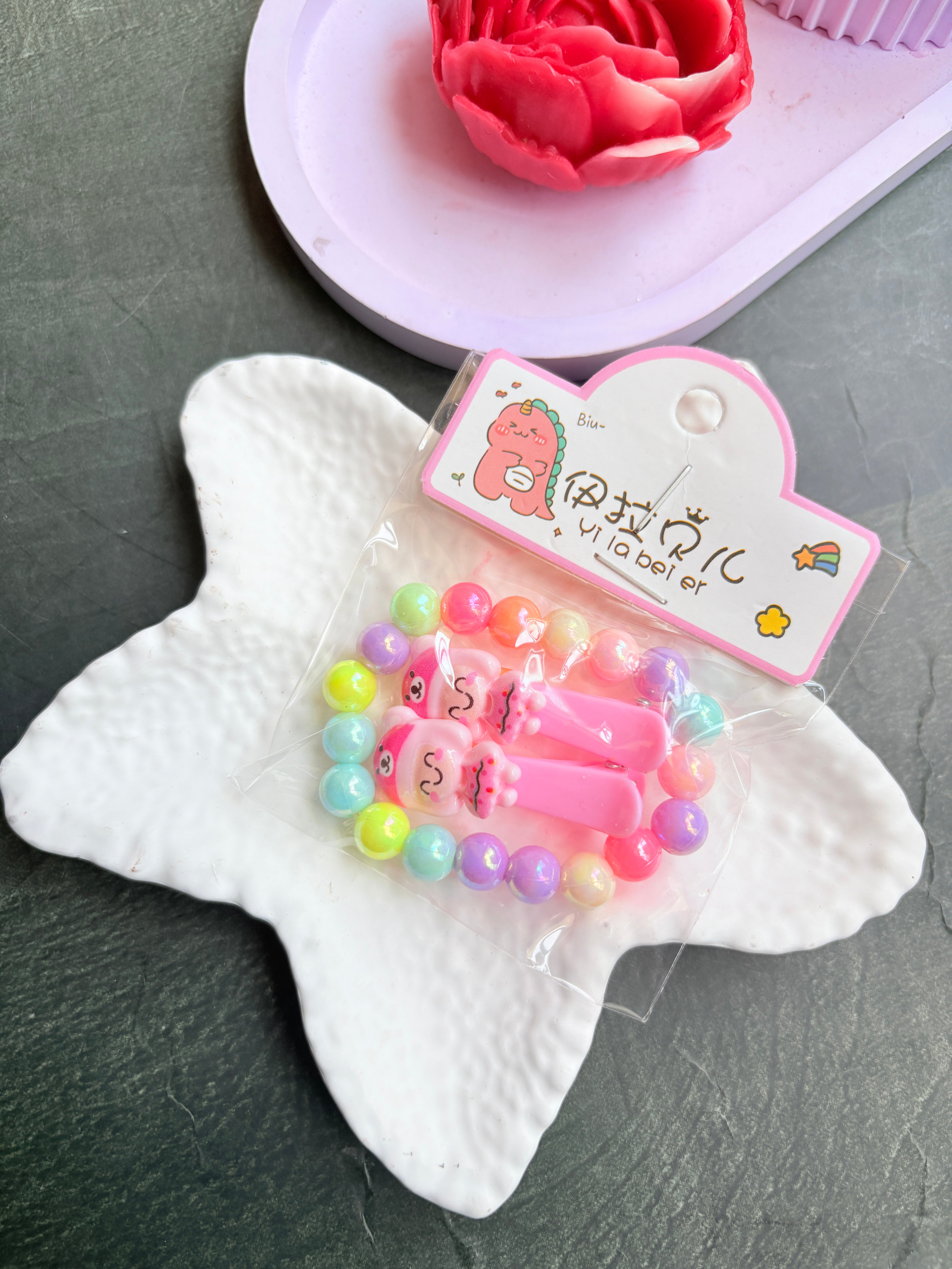 Beads Bracelet & Hairclip Set Baby Pink