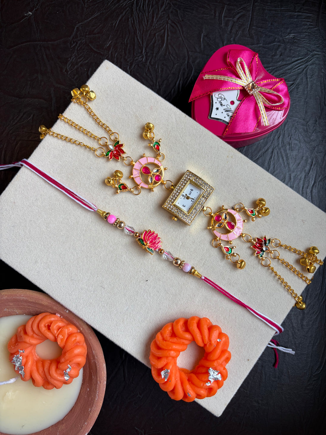 Pink Lotus Bloom Rakhi Combo with Kashmiri Watch