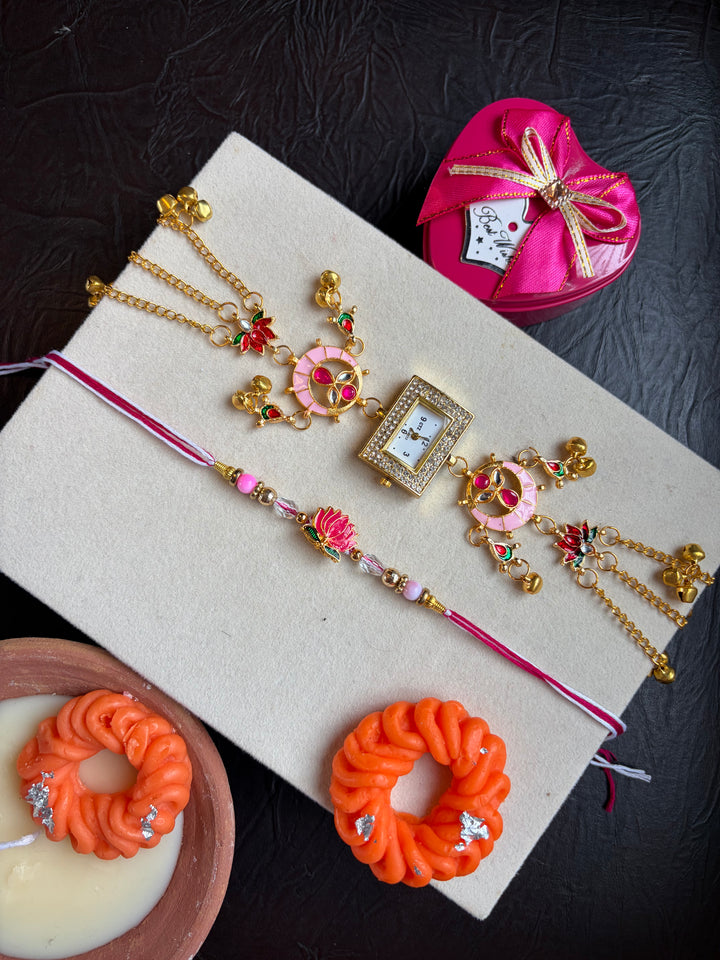 Pink Lotus Bloom Rakhi Combo with Kashmiri Watch