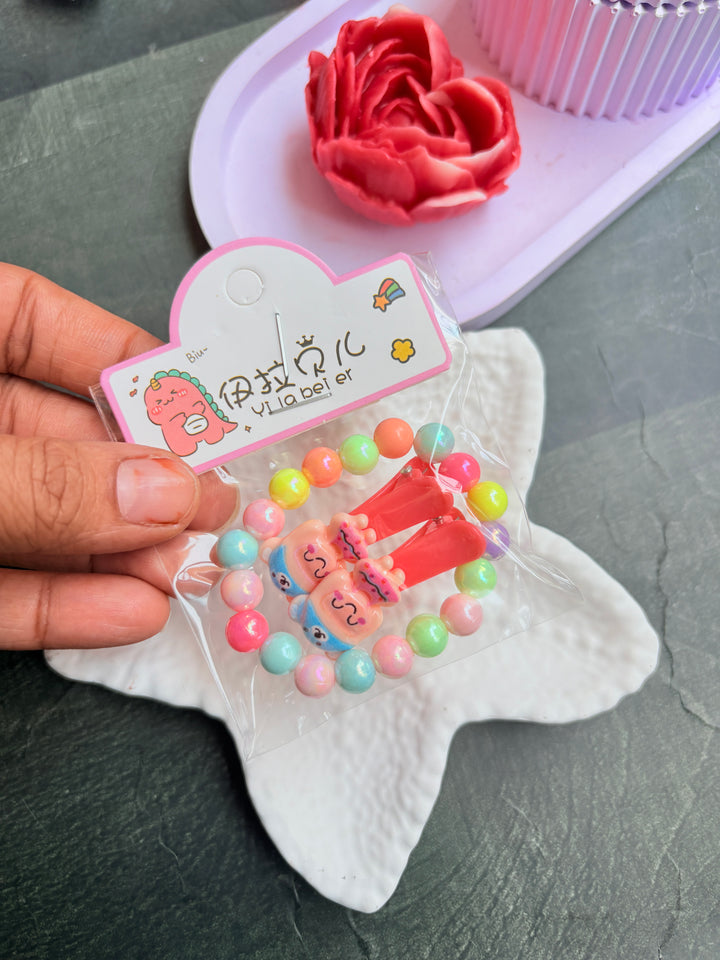 Beads Bracelet & Hairclip Set Peach