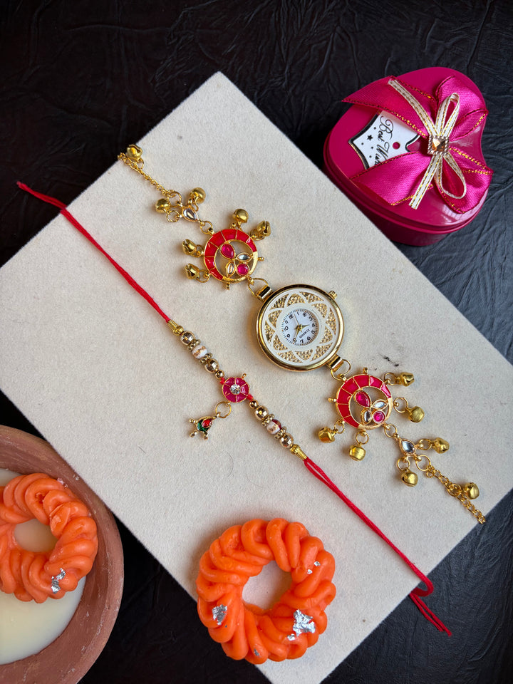 Pink Petal Rakhi Combo with Kashmiri Watch