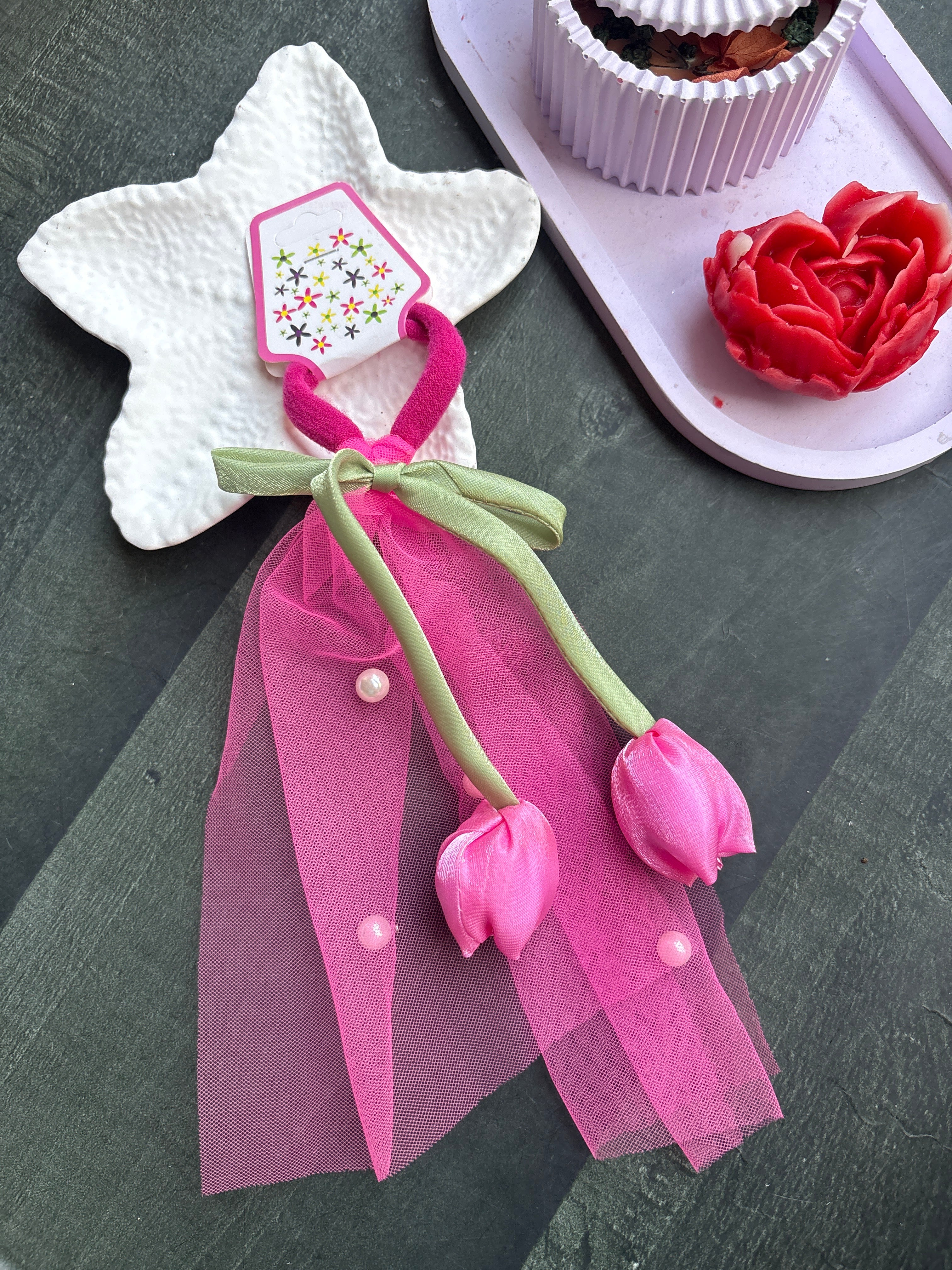 Tulip Bow Rubber Band Pink
