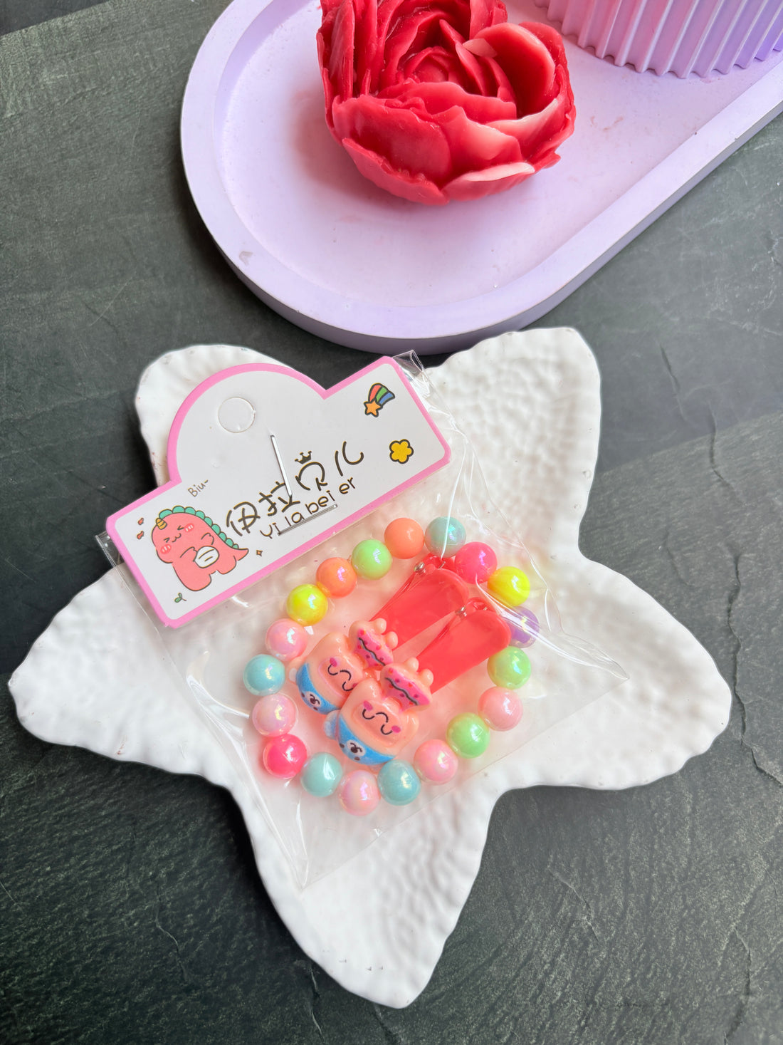 Beads Bracelet & Hairclip Set Peach