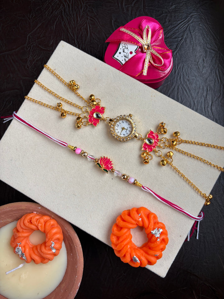 Pink Petal Rakhi Combo with Kashmiri Watch