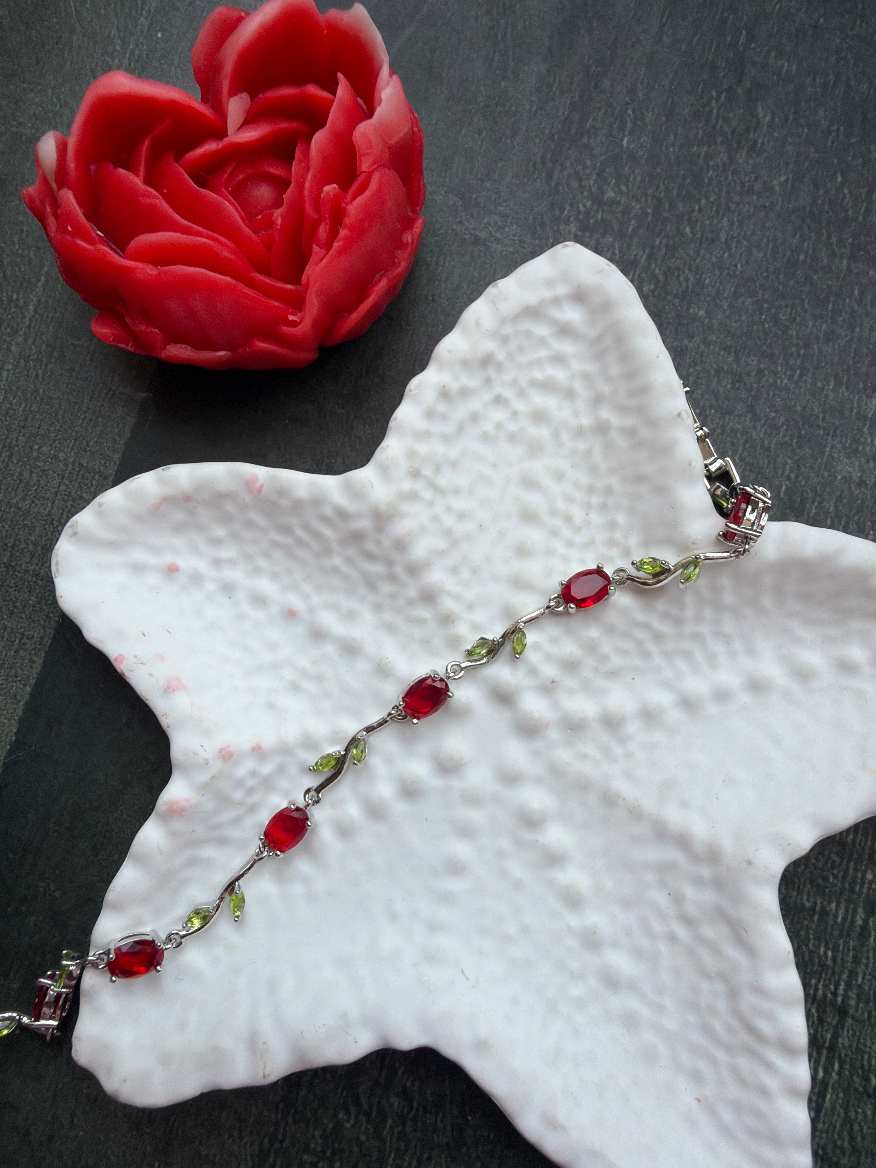 Red Tulip Bracelet with Green Leaves