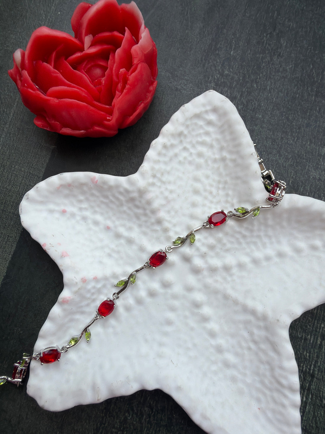 Red Tulip Bracelet with Green Leaves