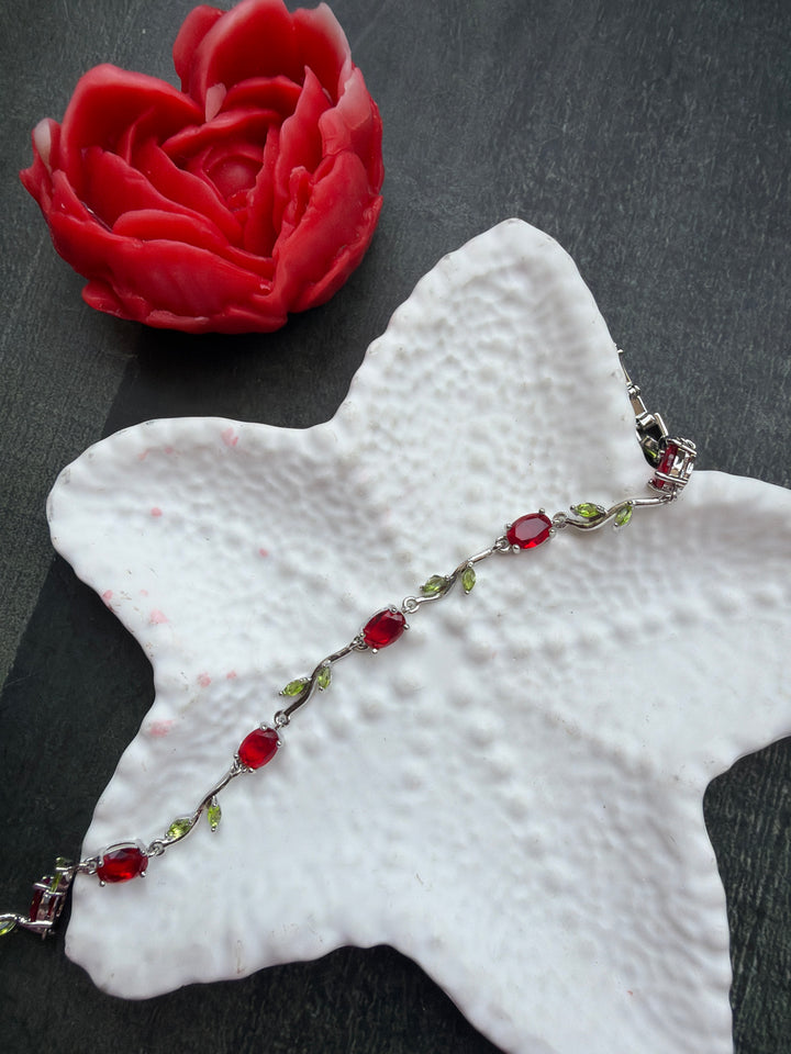 Red Tulip Bracelet with Green Leaves