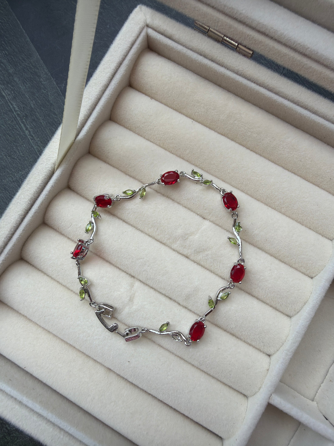 Red Tulip Bracelet with Green Leaves