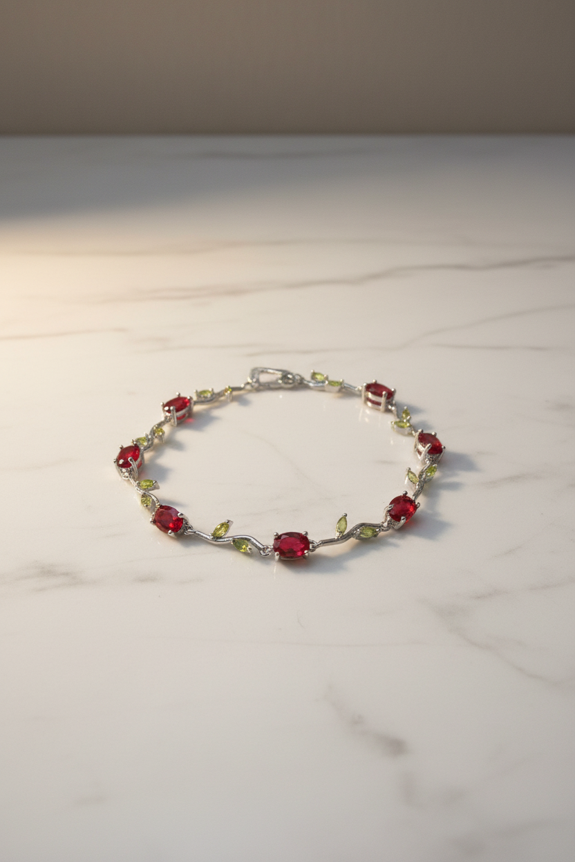 Red Tulip Bracelet with Green Leaves